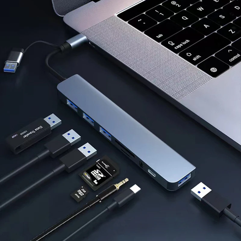 8-in-2 USB & Type-C HUB | Docking Station with Audio Jack, Micro SD Reader for Laptop, Tablet & Phone BRELZA