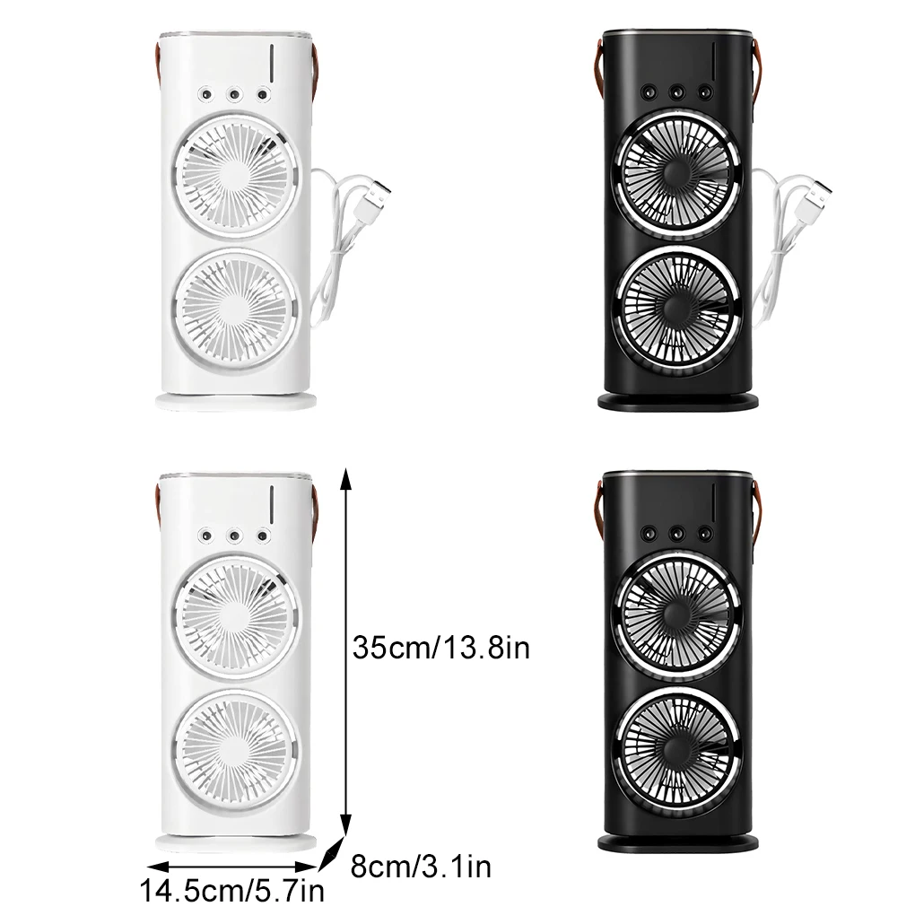 Double-Headed Air Cooler | USB Rechargeable Desk Fan with Spray & Night Light