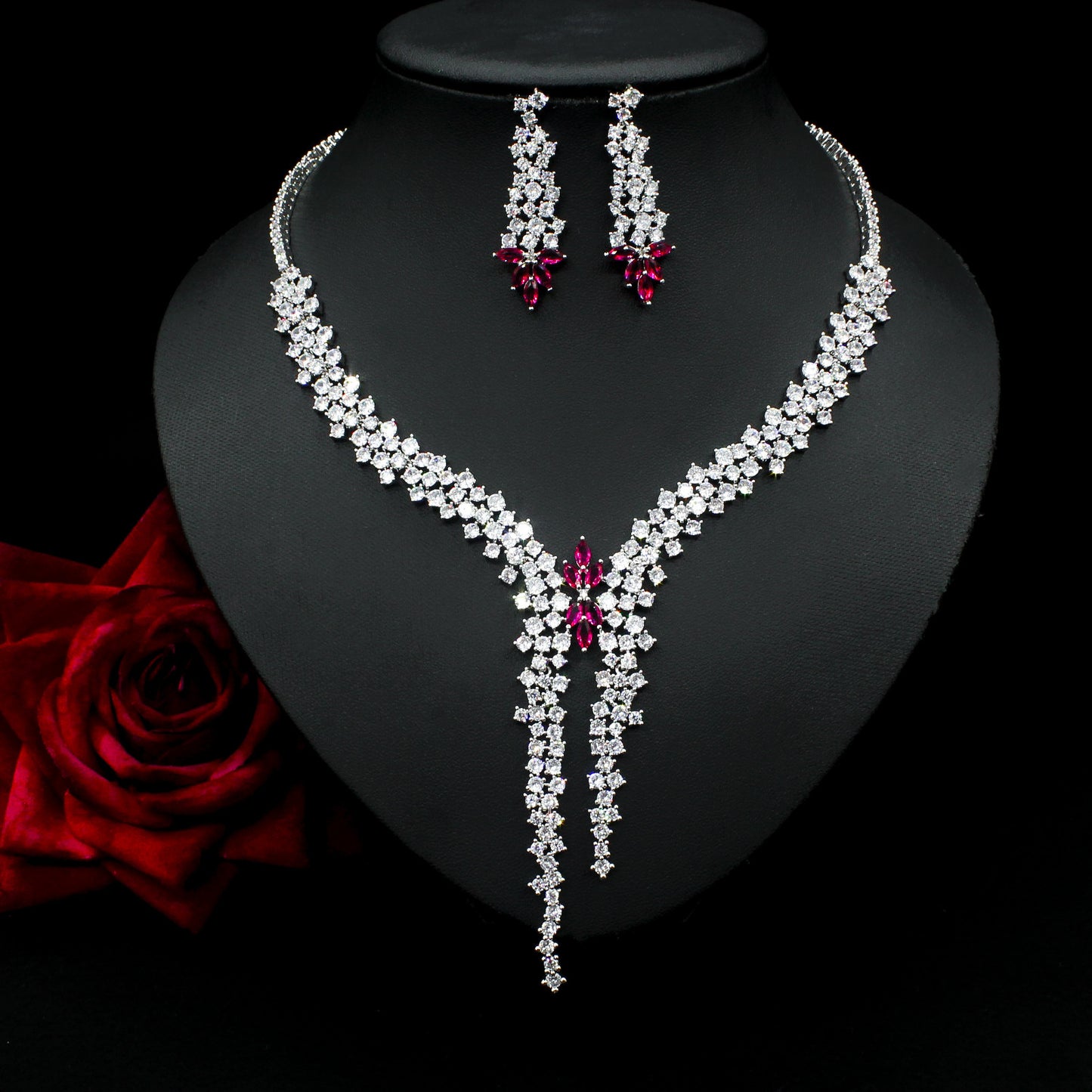 Silver Needle Jewelry Set | Exaggerated Zircon Earrings & Necklace