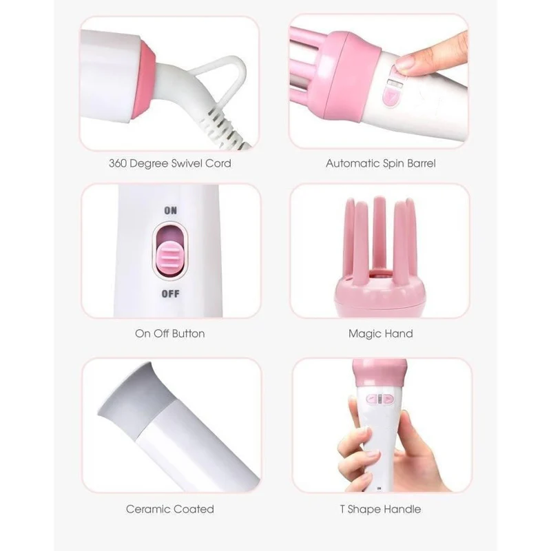 Automatic Pink Hair Curler Spin 360° Rotating Hair Styling Roller