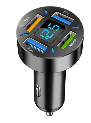 4-in-1 Car Charger | Fast Charging with Retractable Cables & Volt Display