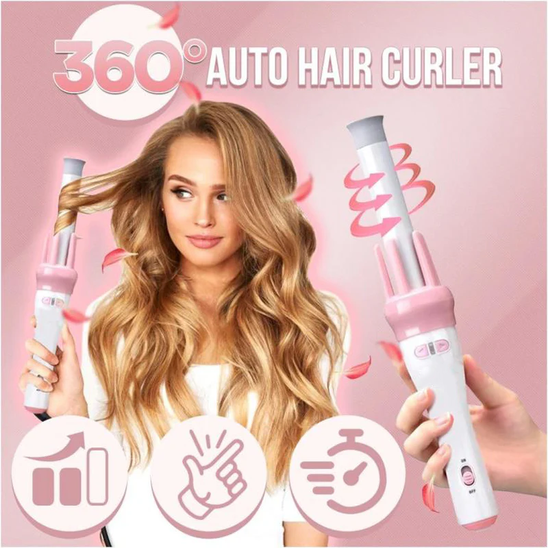 Automatic Pink Hair Curler Spin 360° Rotating Hair Styling Roller