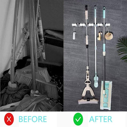 Broom & Mop Wall Mount Organizer | 4 Racks, 5 Hooks