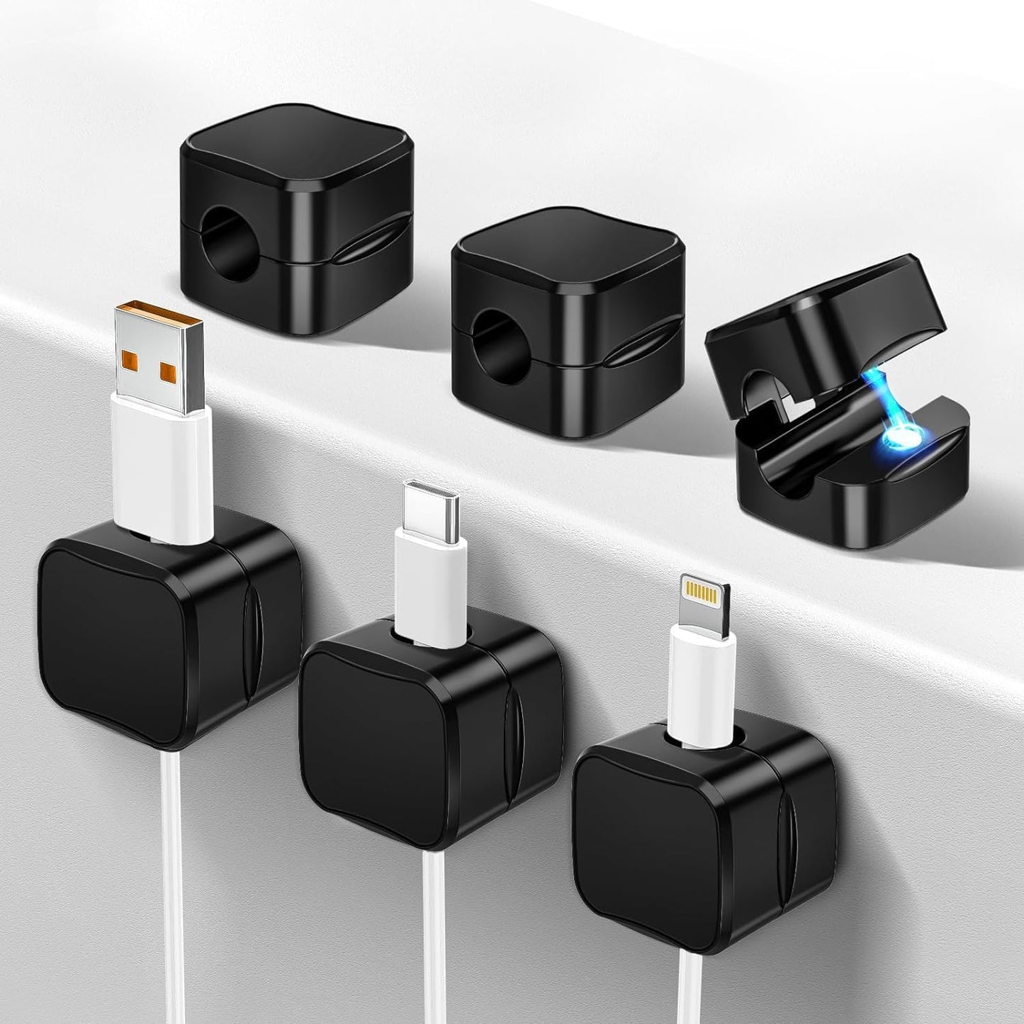 BRELZA Magnetic Cable Clips | Adjustable Cord Organizer (Black)