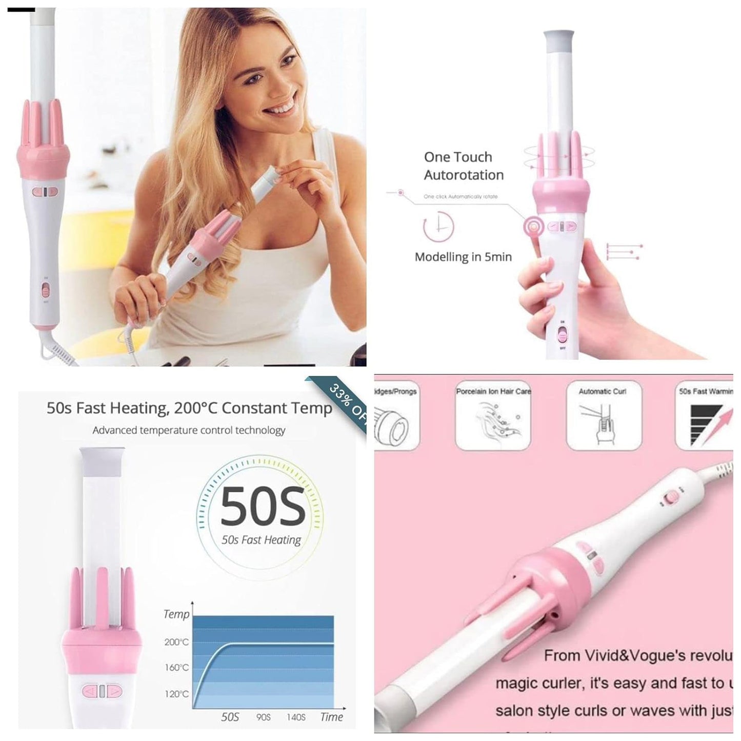 Automatic Pink Hair Curler Spin 360° Rotating Hair Styling Roller