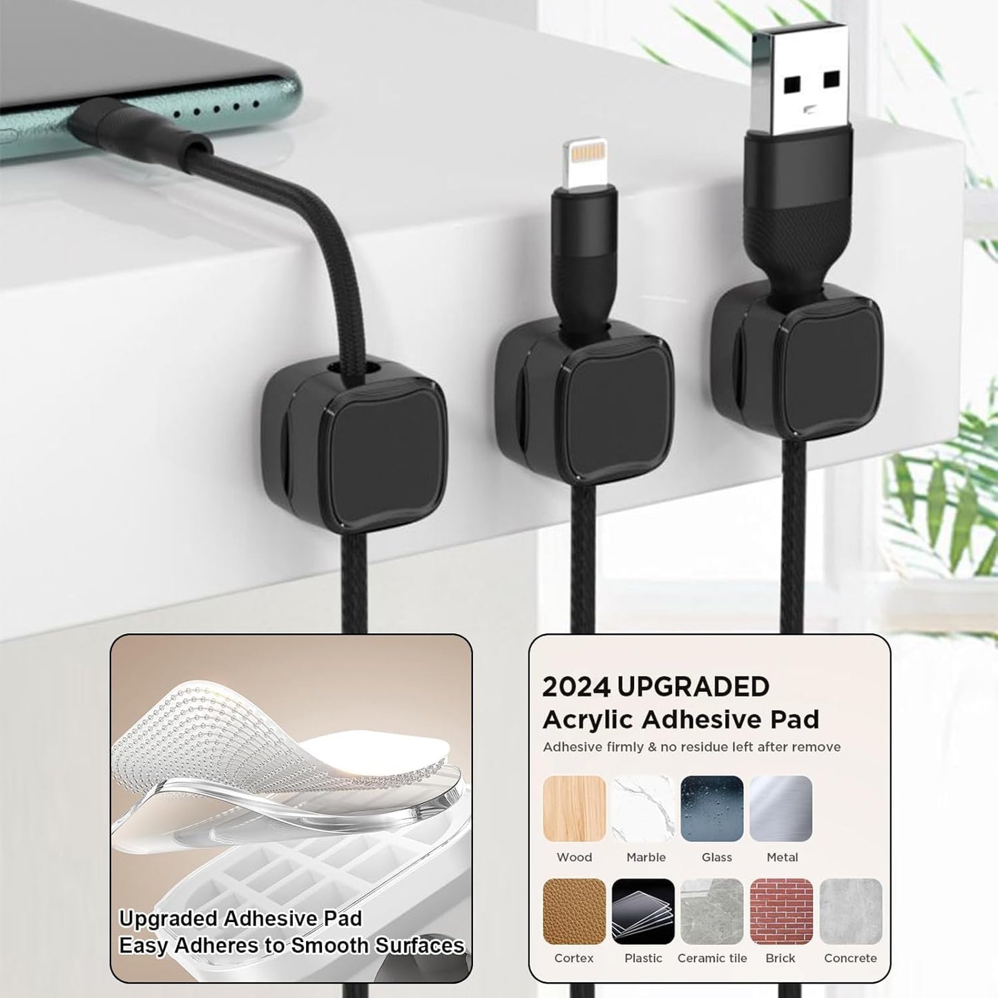 BRELZA Magnetic Cable Clips | Adjustable Cord Organizer (Black)