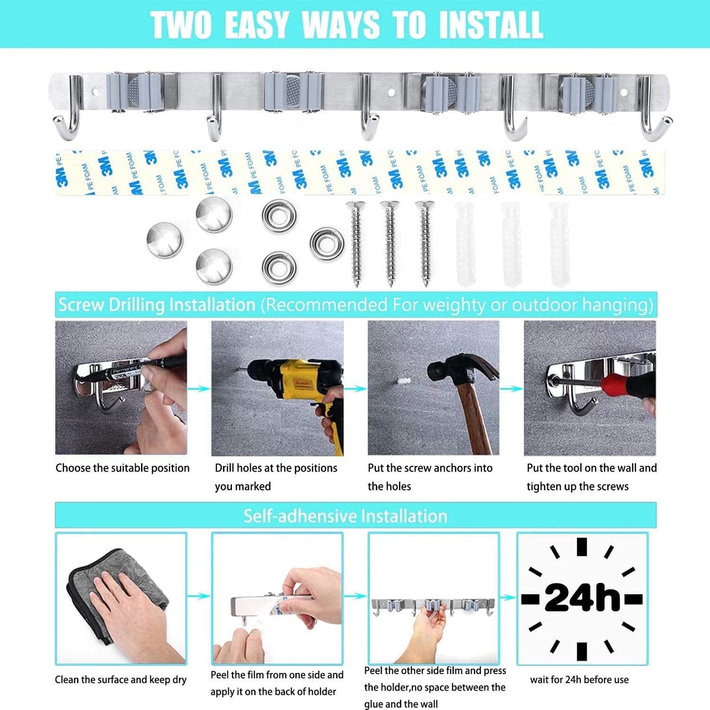 Broom & Mop Wall Mount Organizer | 4 Racks, 5 Hooks