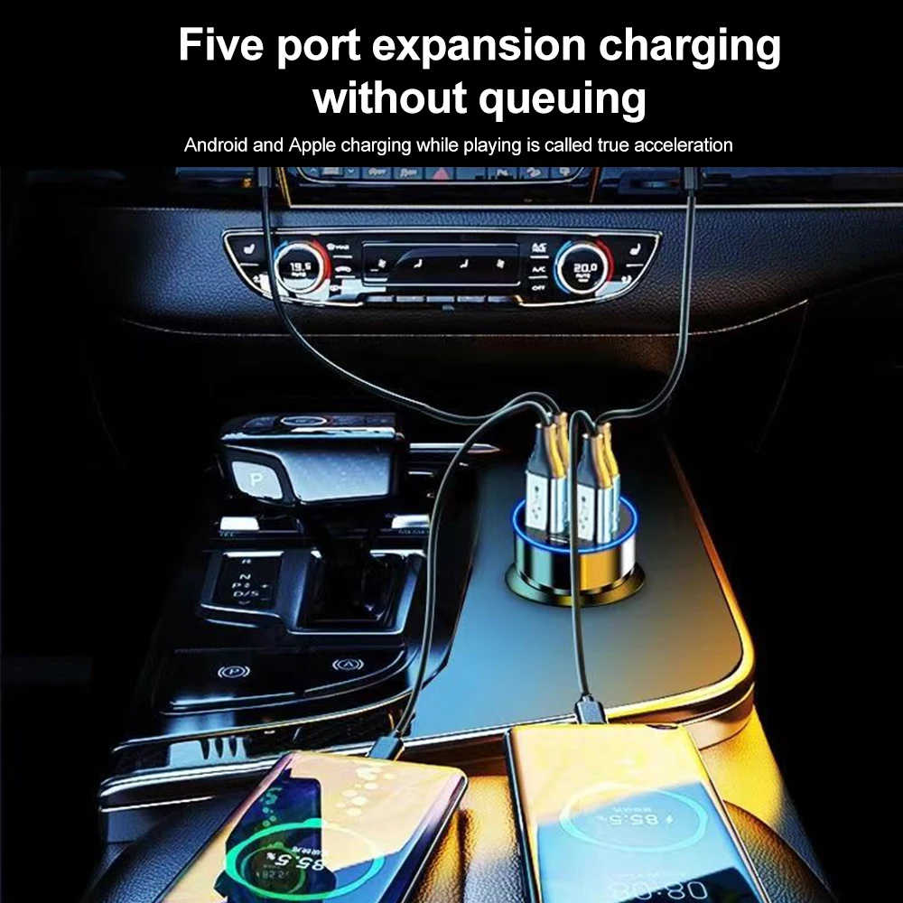 4-in-1 Car Charger | Fast Charging with Retractable Cables & Volt Display