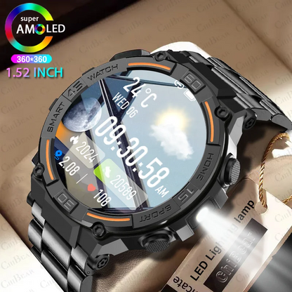 Military Smartwatch | 360×360 HD, Flashlight, Health Monitor, Waterproof, Heart Rate & BT Call
