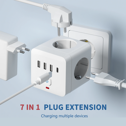 7-in-1 EU Power Strip | 3 AC Outlets + 3 USB + 1 Type-C with Surge Protection