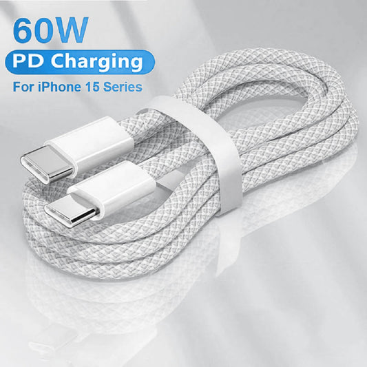 USB-C to Type-C Fast Charging Cable | 60W PD Braided Charger for iPhone 15, Samsung & Android
