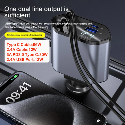 4-in-1 Car Charger | 120W Fast Charging with Retractable Cables & Volt Display