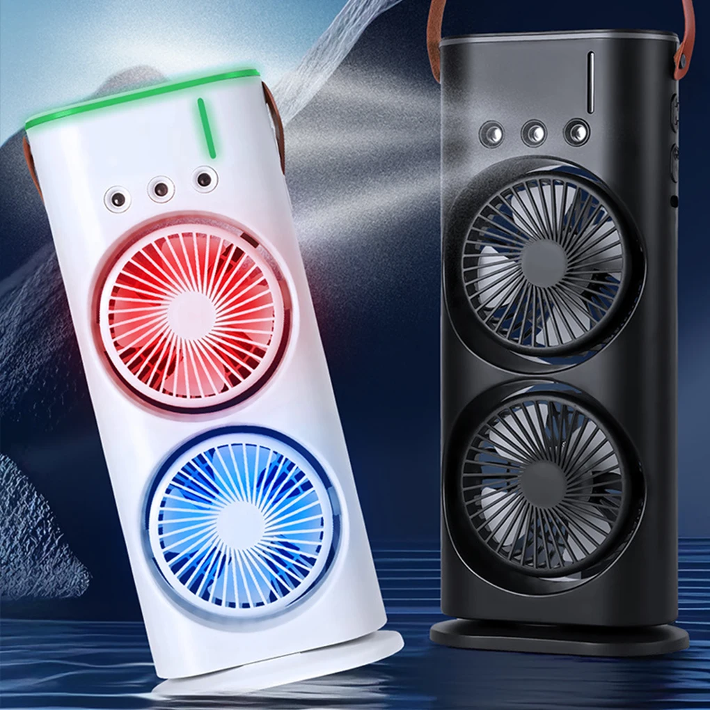 Double-Headed Air Cooler | USB Rechargeable Desk Fan with Spray & Night Light
