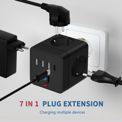 7-in-1 EU Power Strip | 3 AC Outlets + 3 USB + 1 Type-C with Surge Protection