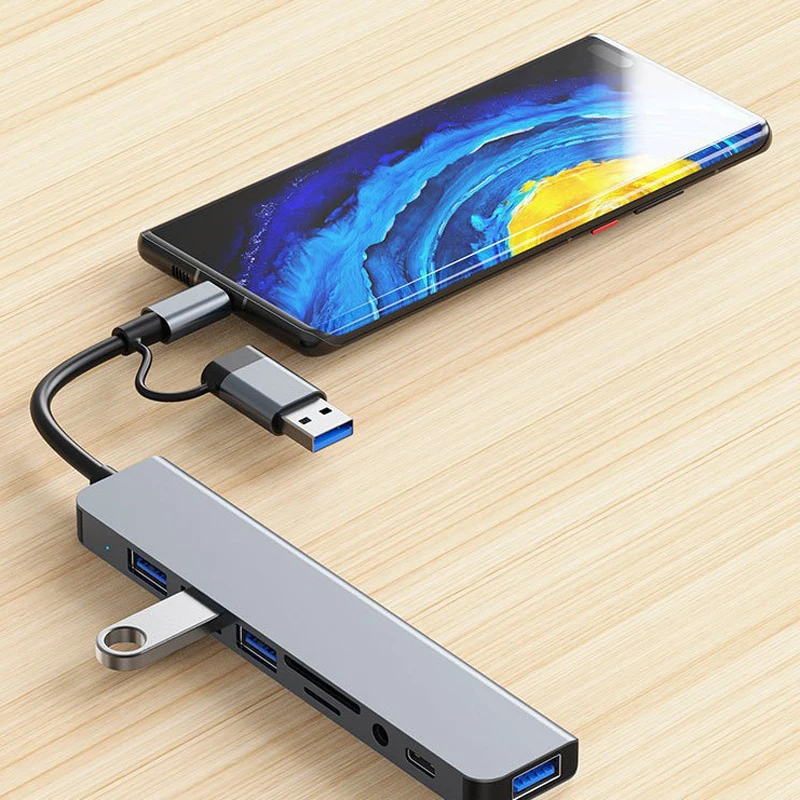 8-in-2 USB & Type-C HUB | Docking Station with Audio Jack, Micro SD Reader for Laptop, Tablet & Phone