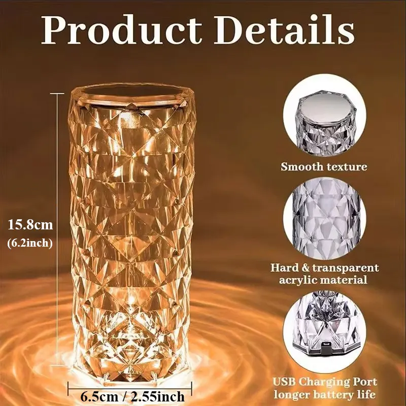 16-Color LED Rose Crystal Lamp | Touch Rechargeable Diamond Light for Romantic Home & Bar Decor