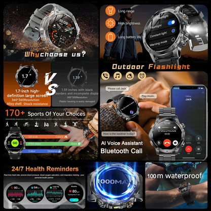 Military Smart Watch 💪 | 1000mAh Battery, Fitness Tracker, 10ATM Waterproof, Flashlight & Call Bracelet