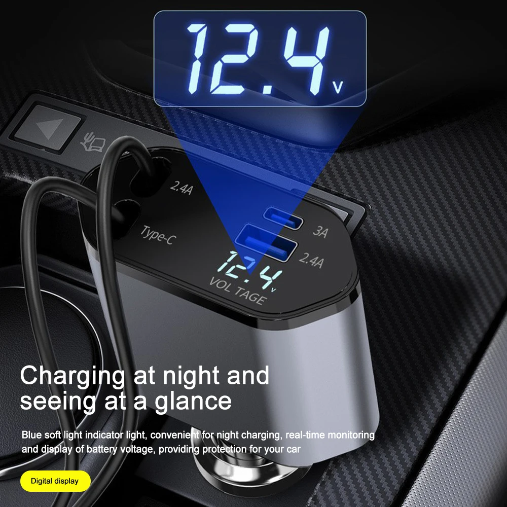 4-in-1 Car Charger | 120W Fast Charging with Retractable Cables & Volt Display