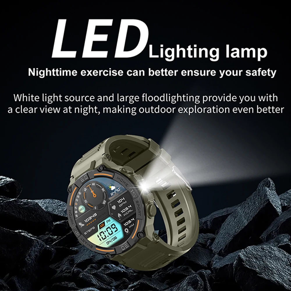 Military Smartwatch | 360×360 HD, Flashlight, Health Monitor, Waterproof, Heart Rate & BT Call