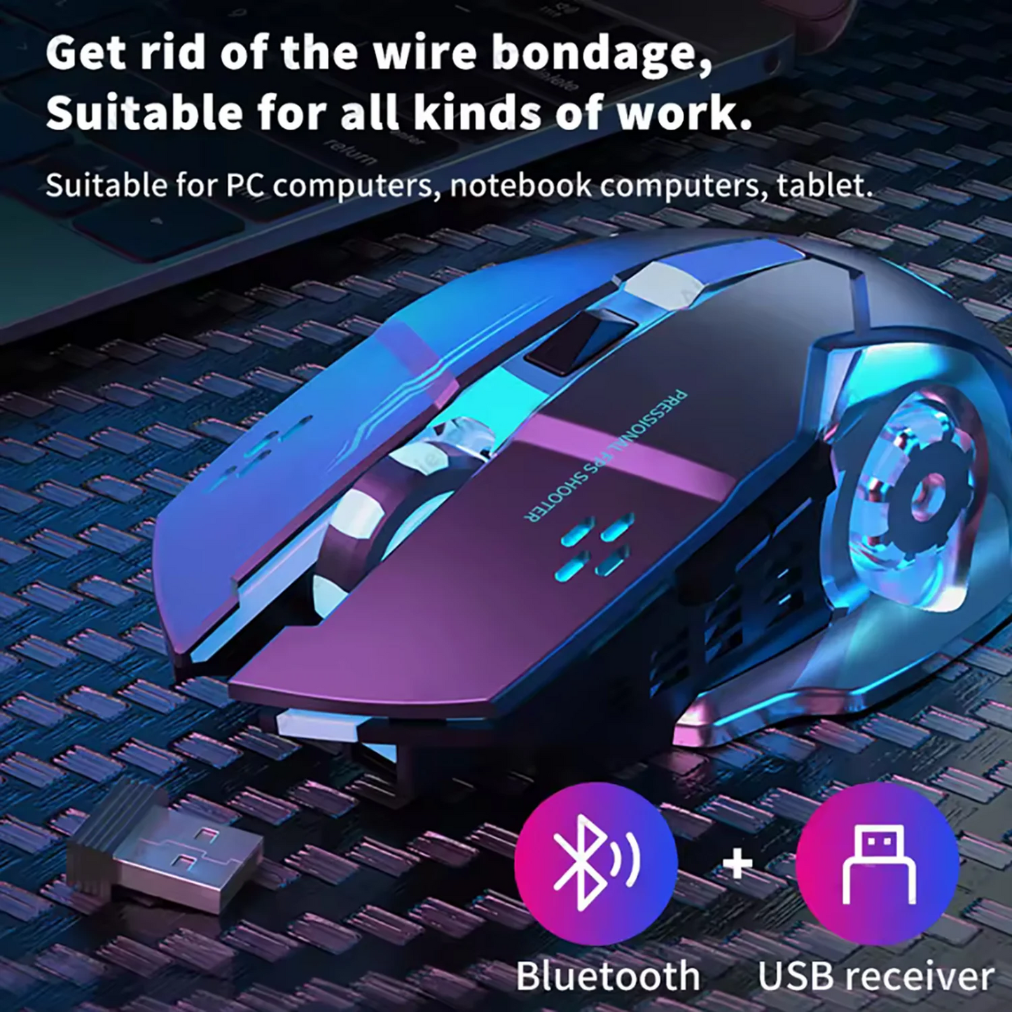 Rechargeable Wireless Gaming Mouse | Silent Bluetooth, USB, Backlight, E-Sports PC Gamer Mouse