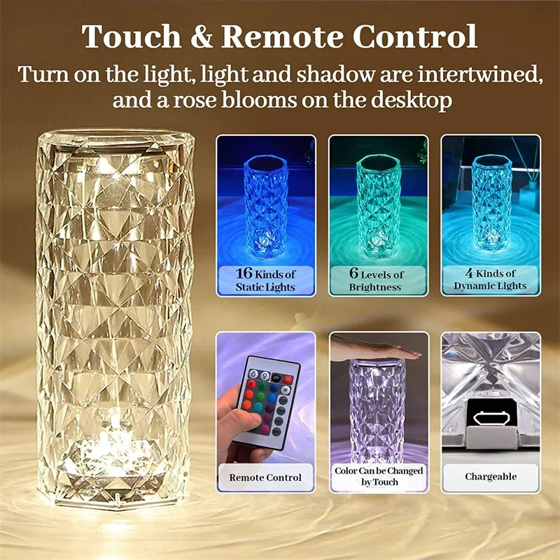 16-Color LED Rose Crystal Lamp | Touch Rechargeable Diamond Light for Romantic Home & Bar Decor