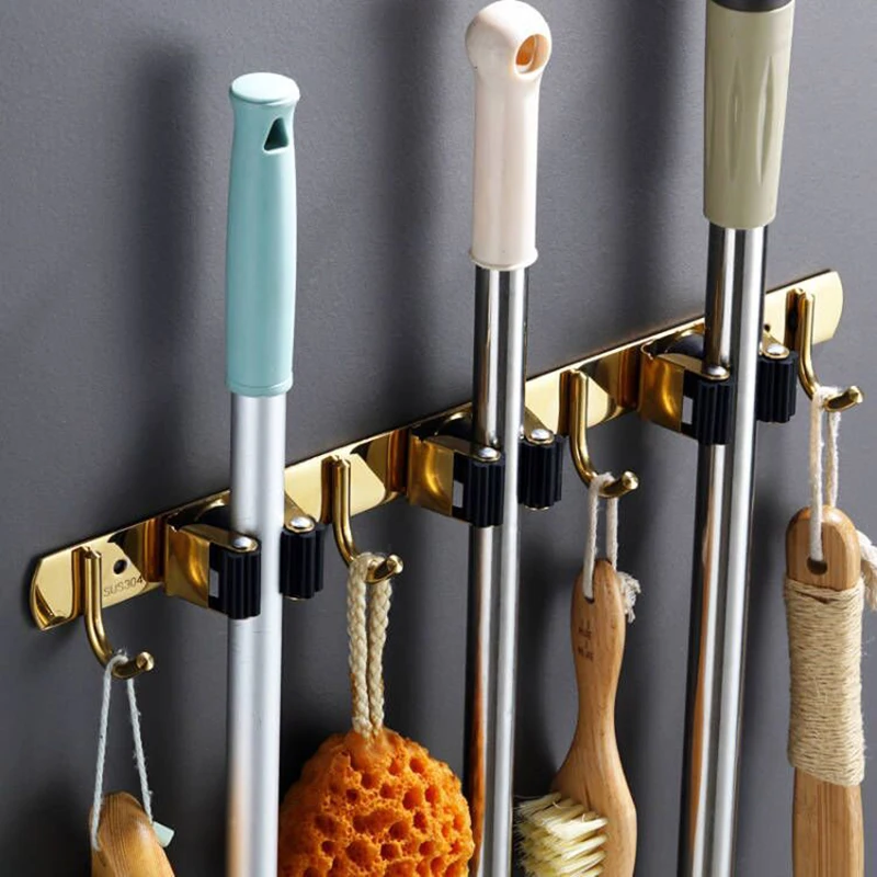 Broom & Mop Wall Mount Organizer | 4 Racks, 5 Hooks