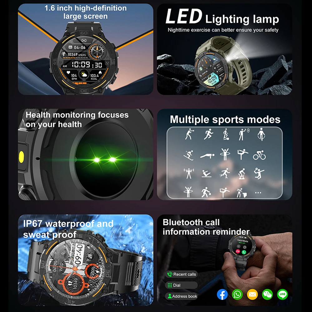 Military Smartwatch | 360×360 HD, Flashlight, Health Monitor, Waterproof, Heart Rate & BT Call