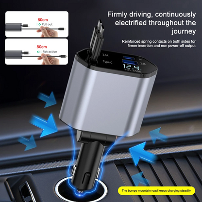 4-in-1 Car Charger | 120W Fast Charging with Retractable Cables & Volt Display