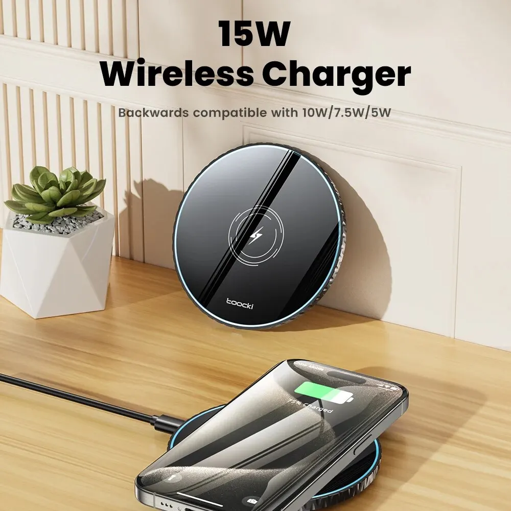 Toocki 15W Wireless Charger Pad | Fast Charging Station for iPhone 15–12 & Samsung S23–S20, AirPods
