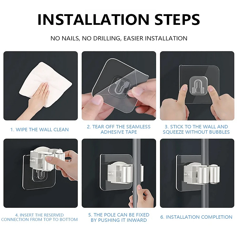 Multi-Purpose Adhesive Wall Hooks | Mop & Broom Hanger