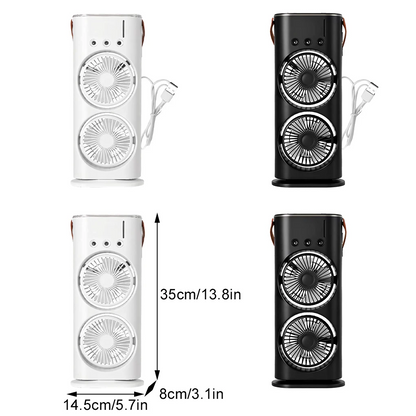 Double-Headed Air Cooler | USB Rechargeable Desk Fan with Spray & Night Light