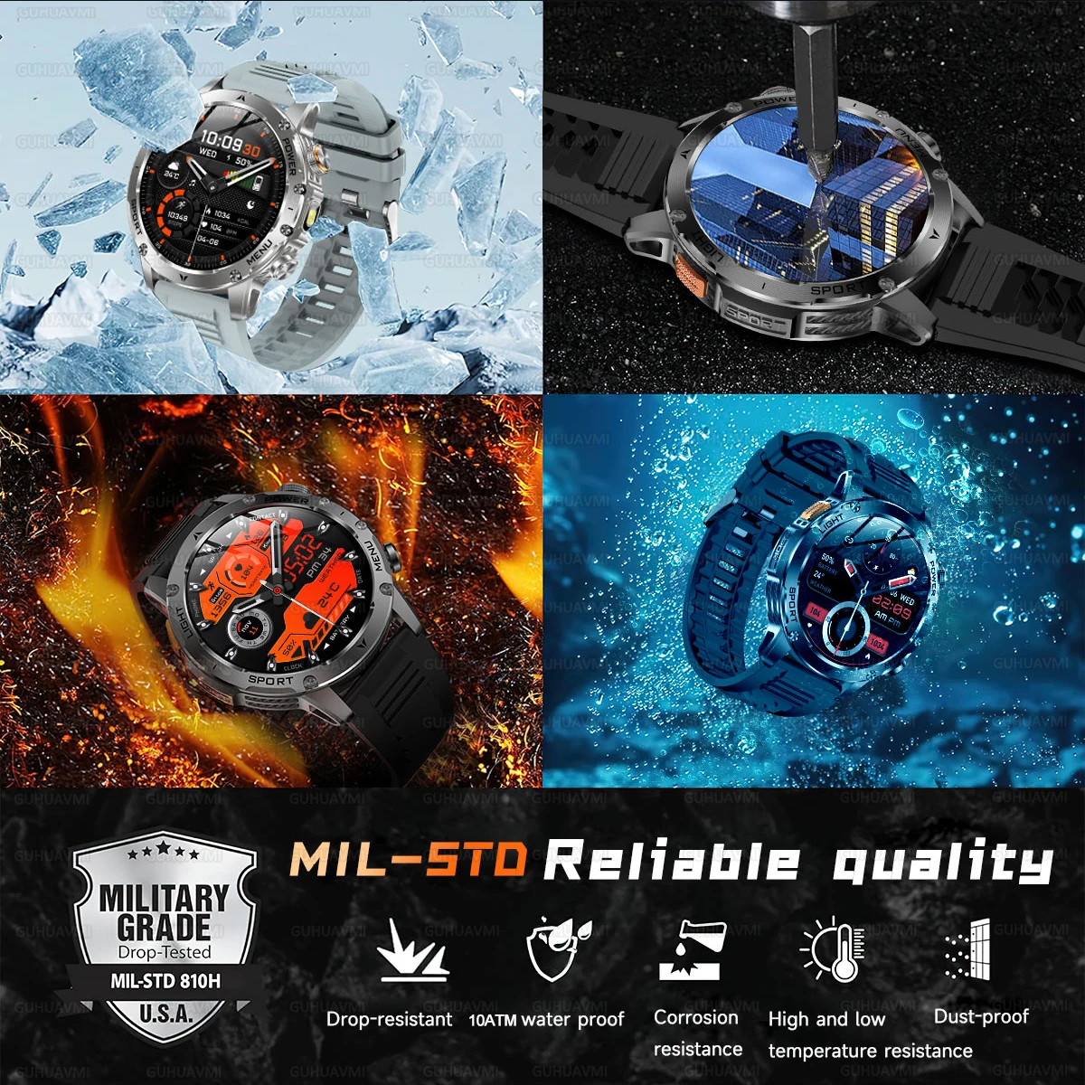 Military Smart Watch 💪 | 1000mAh Battery, Fitness Tracker, 10ATM Waterproof, Flashlight & Call Bracelet