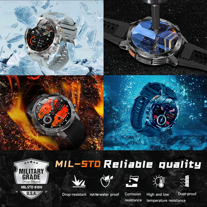 Military Smart Watch 💪 | 1000mAh Battery, Fitness Tracker, 10ATM Waterproof, Flashlight & Call Bracelet
