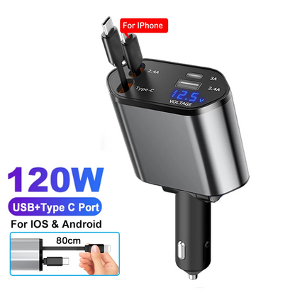 4-in-1 Car Charger | 120W Fast Charging with Retractable Cables & Volt Display