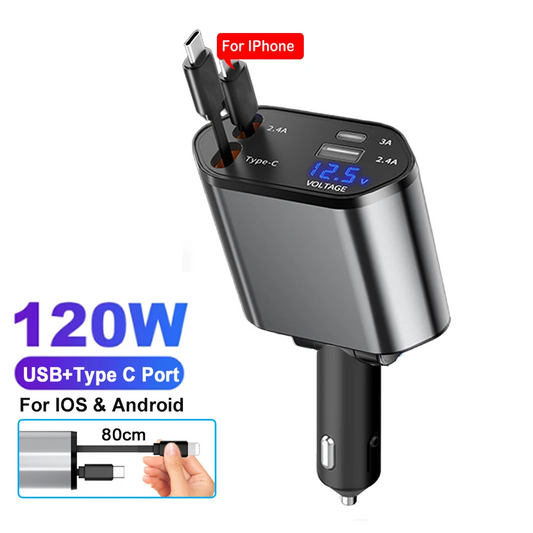 4-in-1 Car Charger | 120W Fast Charging with Retractable Cables & Volt Display