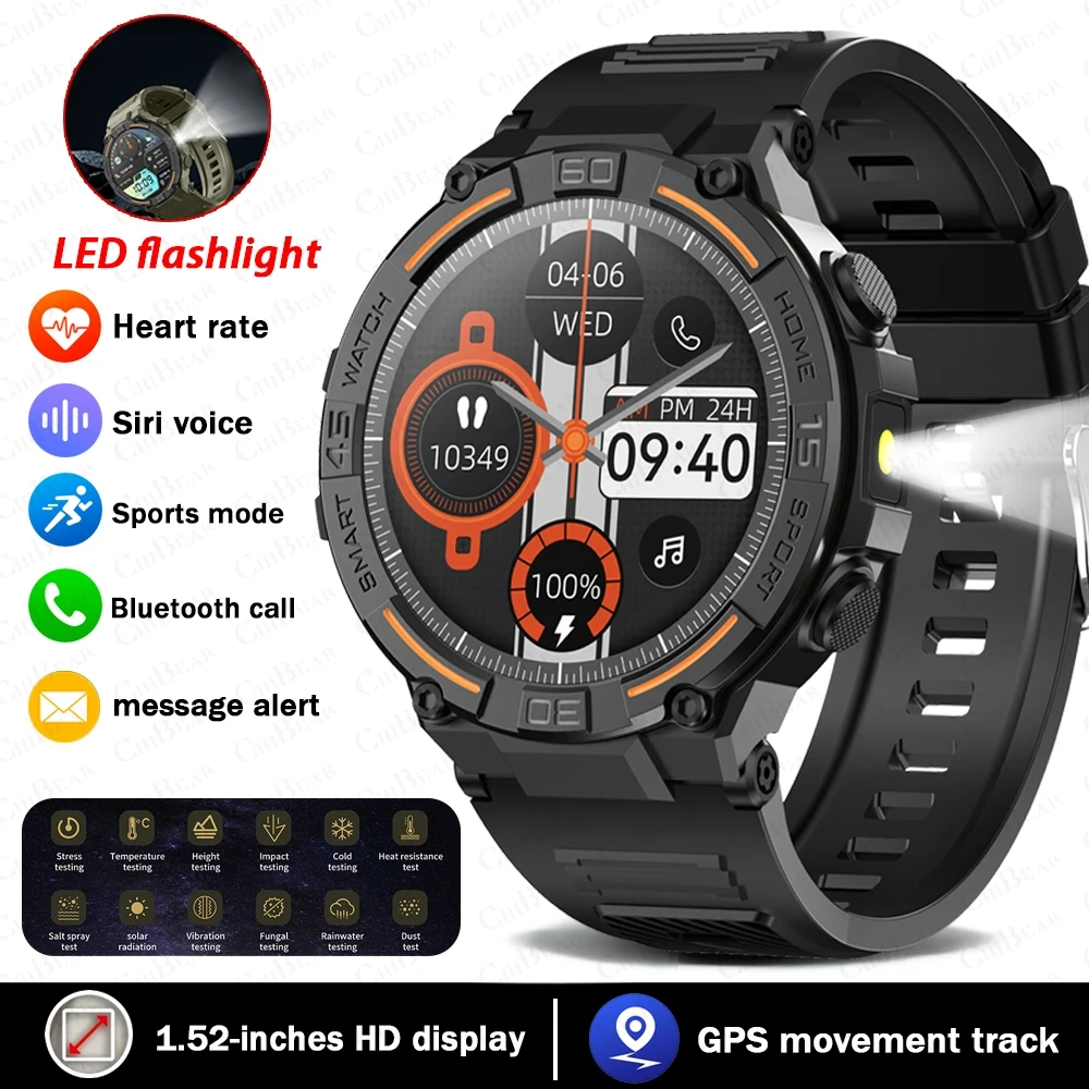 Military Smartwatch | 360×360 HD, Flashlight, Health Monitor, Waterproof, Heart Rate & BT Call
