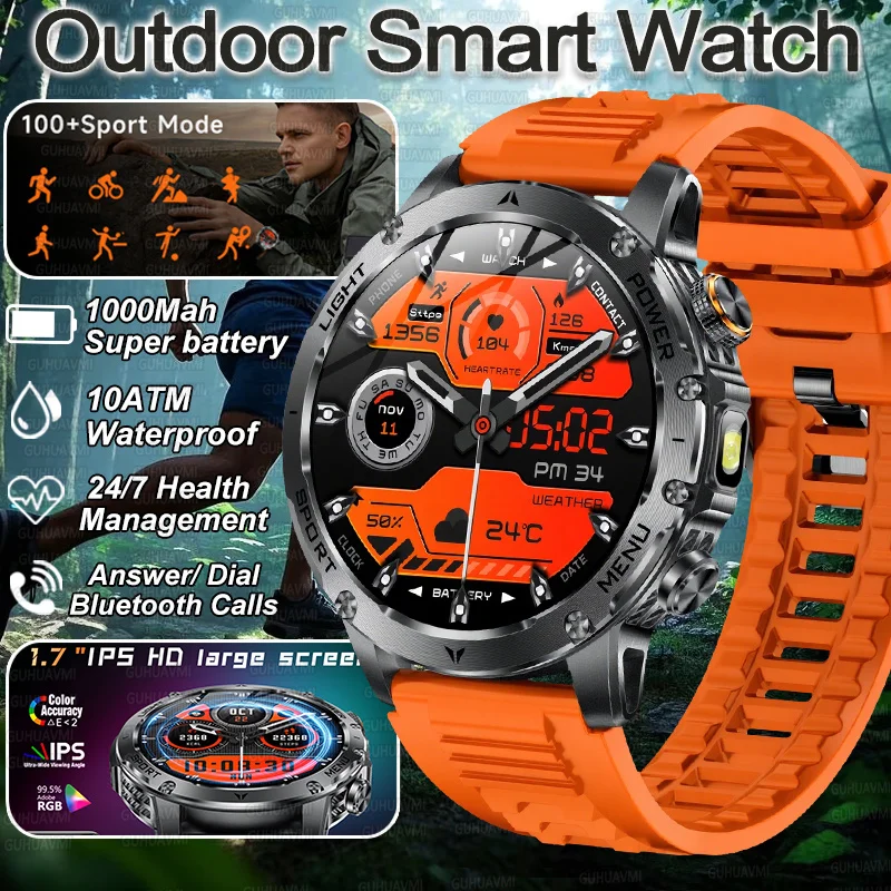 Military Smart Watch 💪 | 1000mAh Battery, Fitness Tracker, 10ATM Waterproof, Flashlight & Call Bracelet