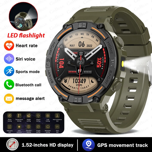 Military Smartwatch | 360×360 HD, Flashlight, Health Monitor, Waterproof, Heart Rate & BT Call