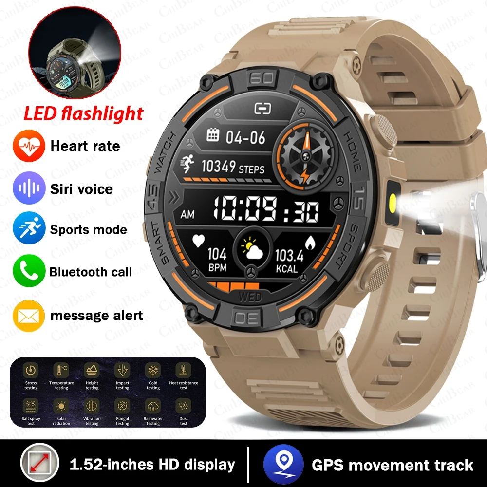 Military Smartwatch | 360×360 HD, Flashlight, Health Monitor, Waterproof, Heart Rate & BT Call