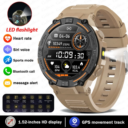 Military Smartwatch | 360×360 HD, Flashlight, Health Monitor, Waterproof, Heart Rate & BT Call