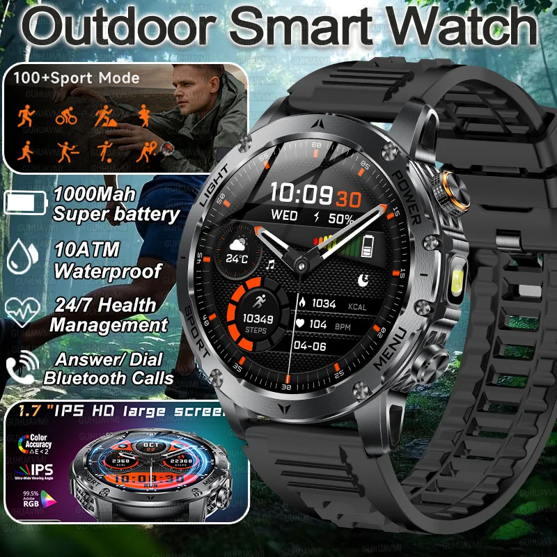Military Smart Watch 💪 | 1000mAh Battery, Fitness Tracker, 10ATM Waterproof, Flashlight & Call Bracelet