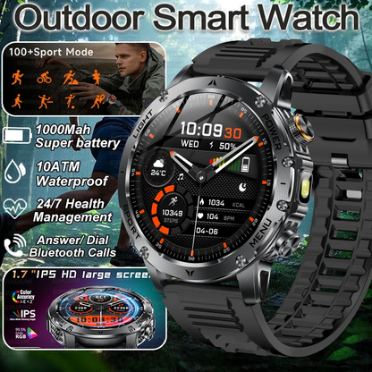 Military Smart Watch 💪 | 1000mAh Battery, Fitness Tracker, 10ATM Waterproof, Flashlight & Call Bracelet