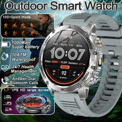 Military Smart Watch 💪 | 1000mAh Battery, Fitness Tracker, 10ATM Waterproof, Flashlight & Call Bracelet