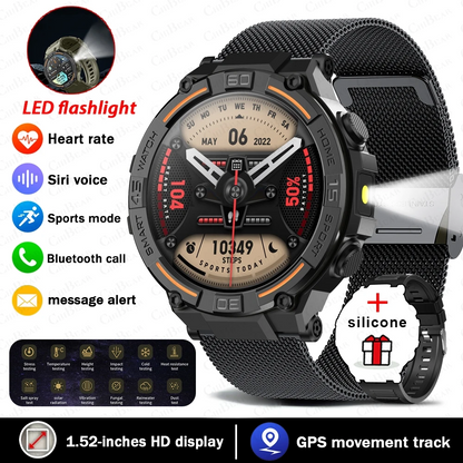 Military Smartwatch | 360×360 HD, Flashlight, Health Monitor, Waterproof, Heart Rate & BT Call