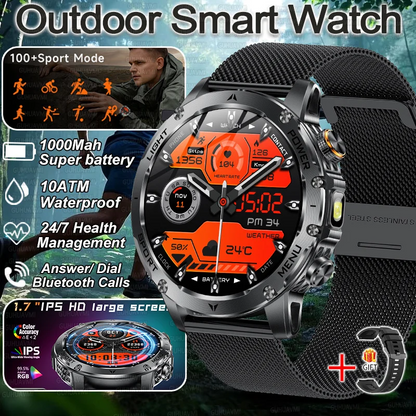 Military Smart Watch 💪 | 1000mAh Battery, Fitness Tracker, 10ATM Waterproof, Flashlight & Call Bracelet