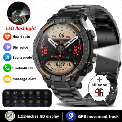 Military Smartwatch | 360×360 HD, Flashlight, Health Monitor, Waterproof, Heart Rate & BT Call