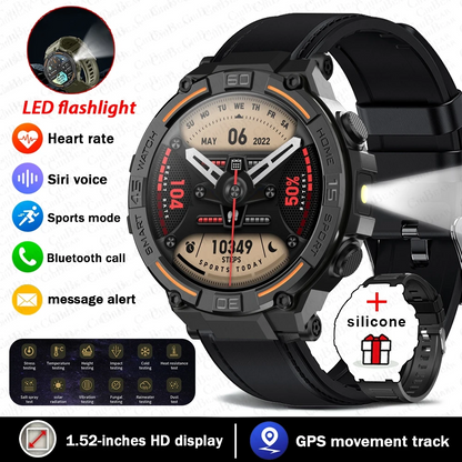 Military Smartwatch | 360×360 HD, Flashlight, Health Monitor, Waterproof, Heart Rate & BT Call