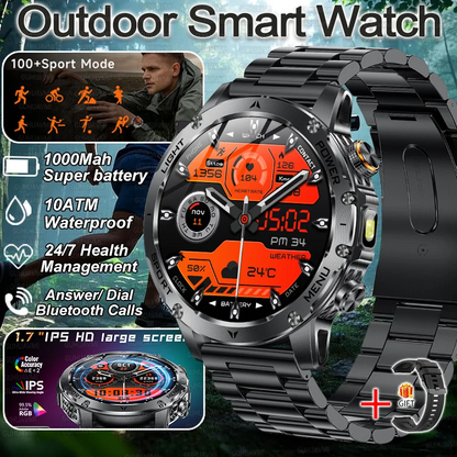 Military Smart Watch 💪 | 1000mAh Battery, Fitness Tracker, 10ATM Waterproof, Flashlight & Call Bracelet