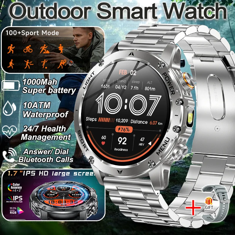 Military Smart Watch 💪 | 1000mAh Battery, Fitness Tracker, 10ATM Waterproof, Flashlight & Call Bracelet
