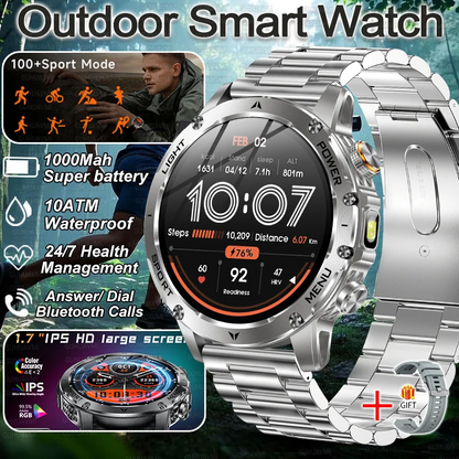 Military Smart Watch 💪 | 1000mAh Battery, Fitness Tracker, 10ATM Waterproof, Flashlight & Call Bracelet